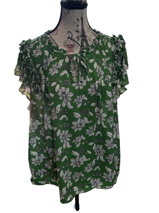 Sonoma Tops - Sonoma Green Floral Ruffle-Trim Tie-Neck Blouse